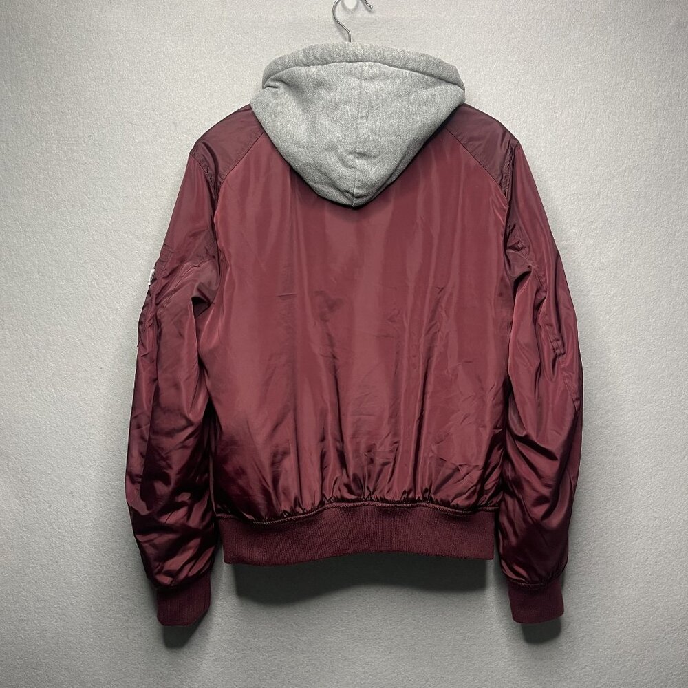 Express Women's Burgundy Bomber Jacket With Gray Hood Lined S/P - Picture 7 of 8